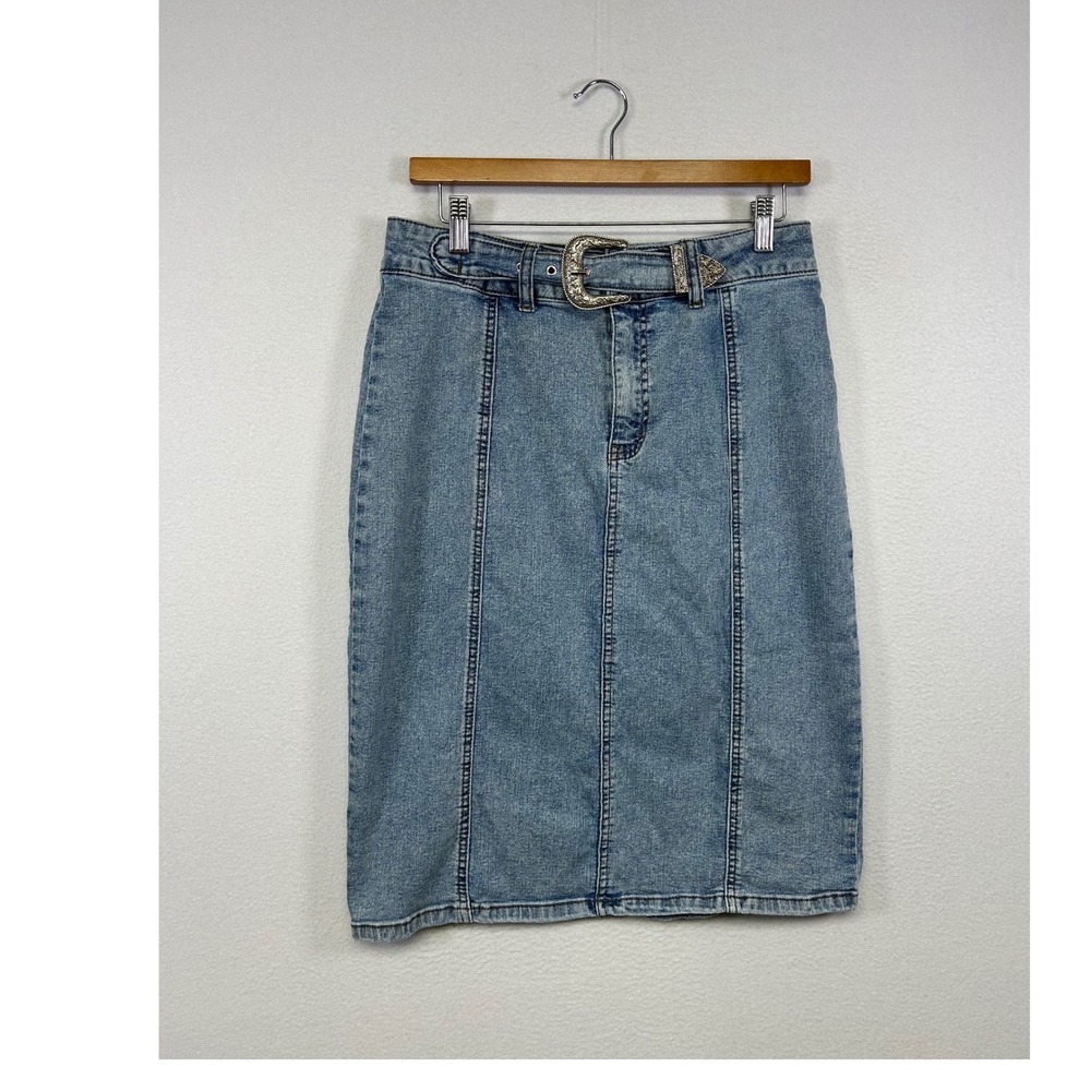 Westerncore Est. 1946 Denim Womens‎ 8 Light Wash Belted Seamed Pencil Skirt